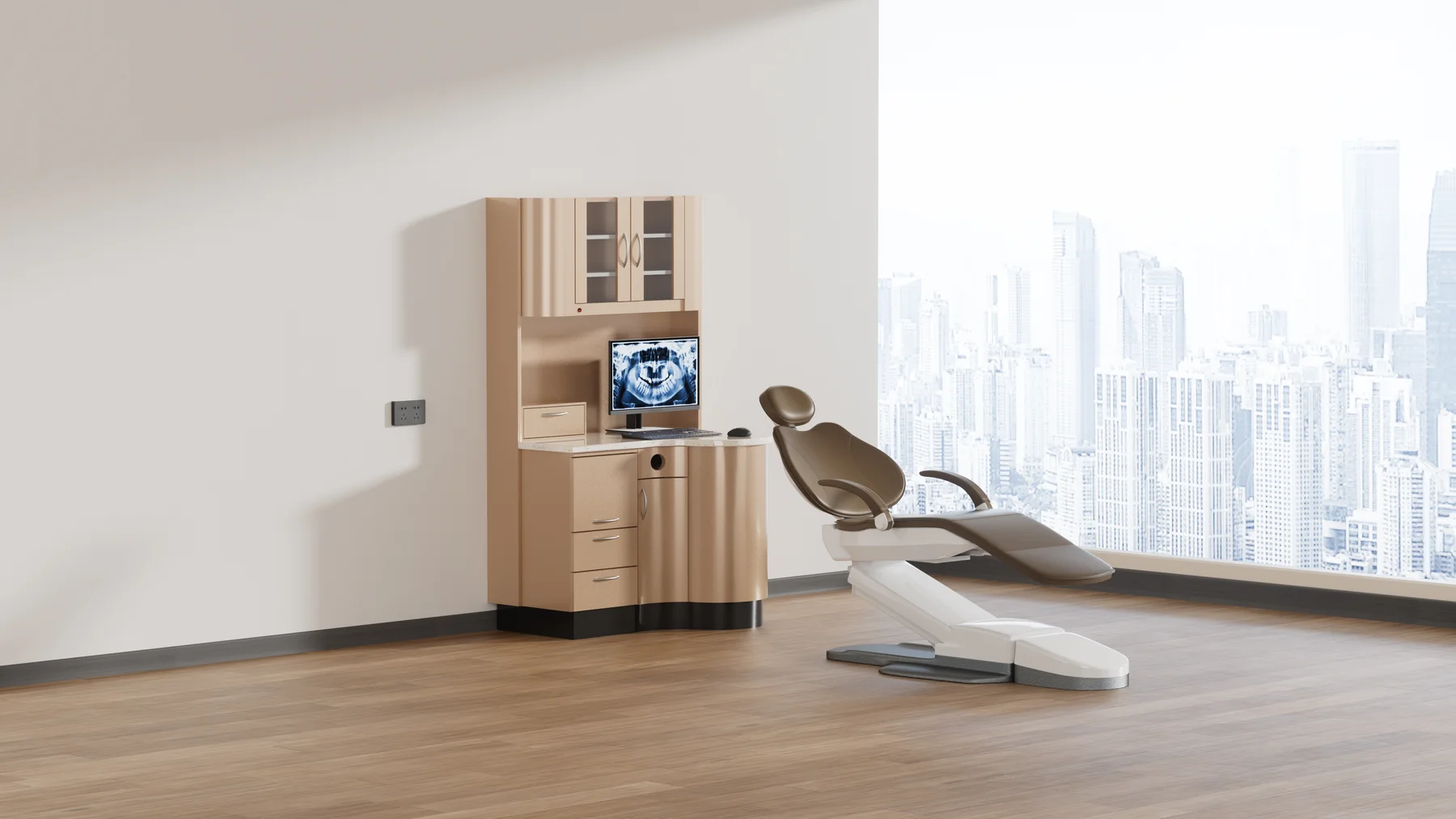 TJ-DC18A beige cabinet and dental chair in a rendered treatment room