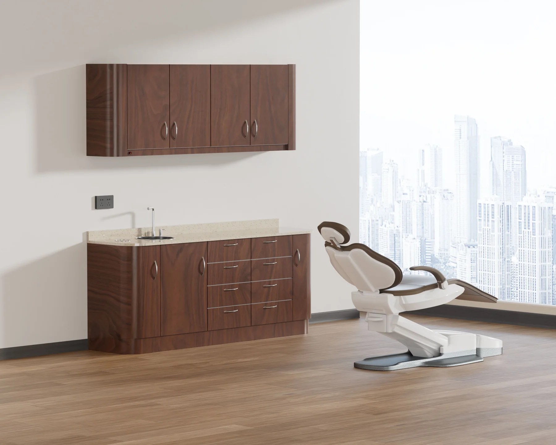 TJ-DC26A wood finish cabinet and dental chair in a rendered treatment room