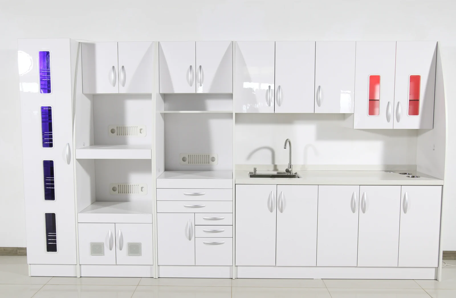 White TJ-DC27 cabinet with display windows, shelving, drawers and sink