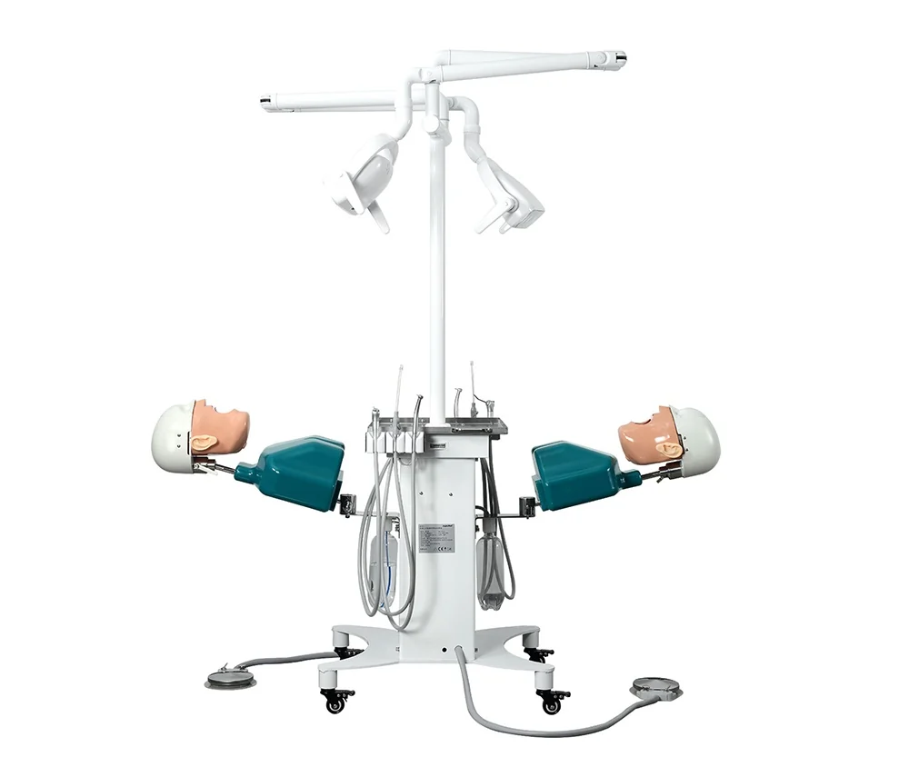 Two dental simulation heads on a mobile training station